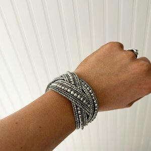Elegant Silver Tone Beaded Cuff Bracelet